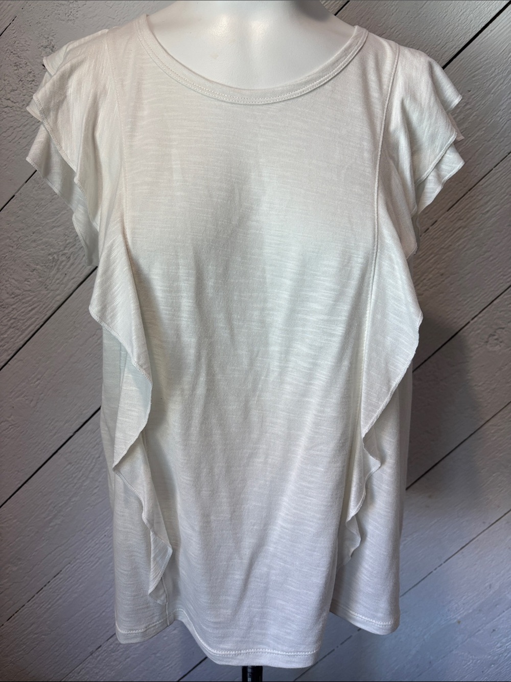 New Garnet Hill Cream Ruffle Sleeve Tee Women's Top Size XS Made in Ukraine !